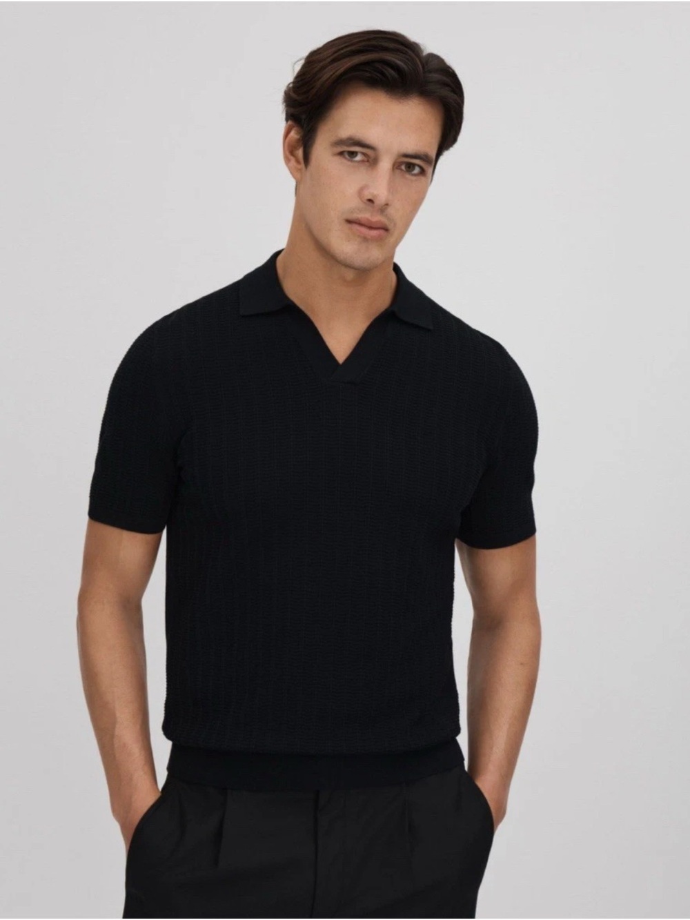 Reiss Mickey Chevron Black Short-Sleeve Knit Polo - L